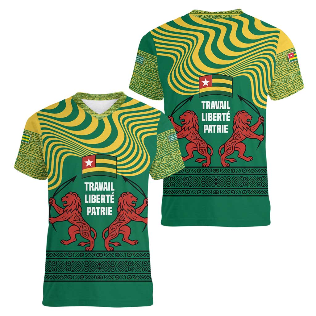 Togo Women V-Neck T-Shirt with Red Twin Lions and Travail Liberté Patrie Slogan
