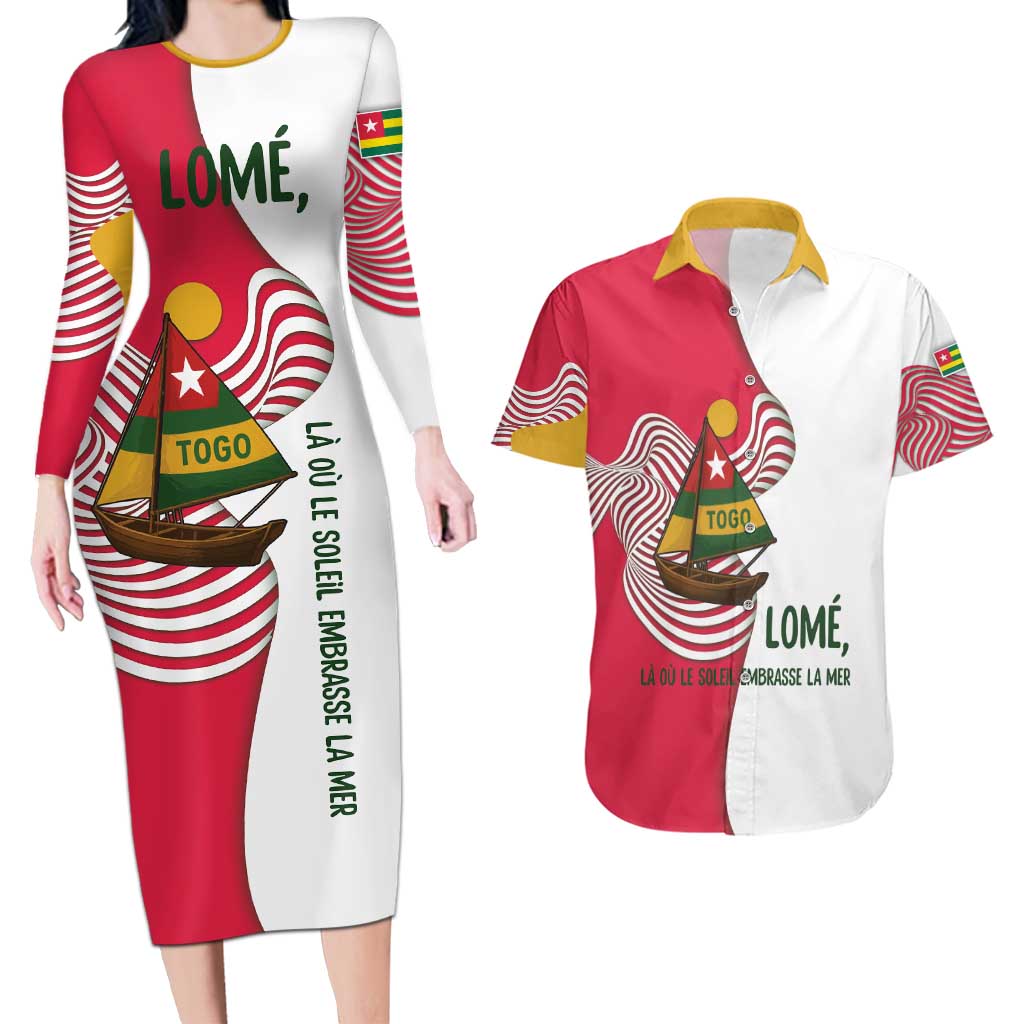 Lome Togo Couples Matching Long Sleeve Bodycon Dress and Hawaiian Shirt with Sailboat and Sunset – Where the Sun Kisses the Sea