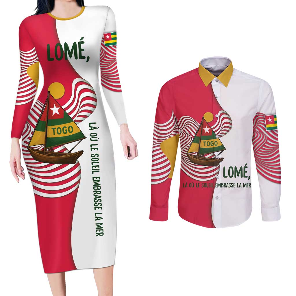 Lome Togo Couples Matching Long Sleeve Bodycon Dress and Long Sleeve Button Shirt with Sailboat and Sunset – Where the Sun Kisses the Sea