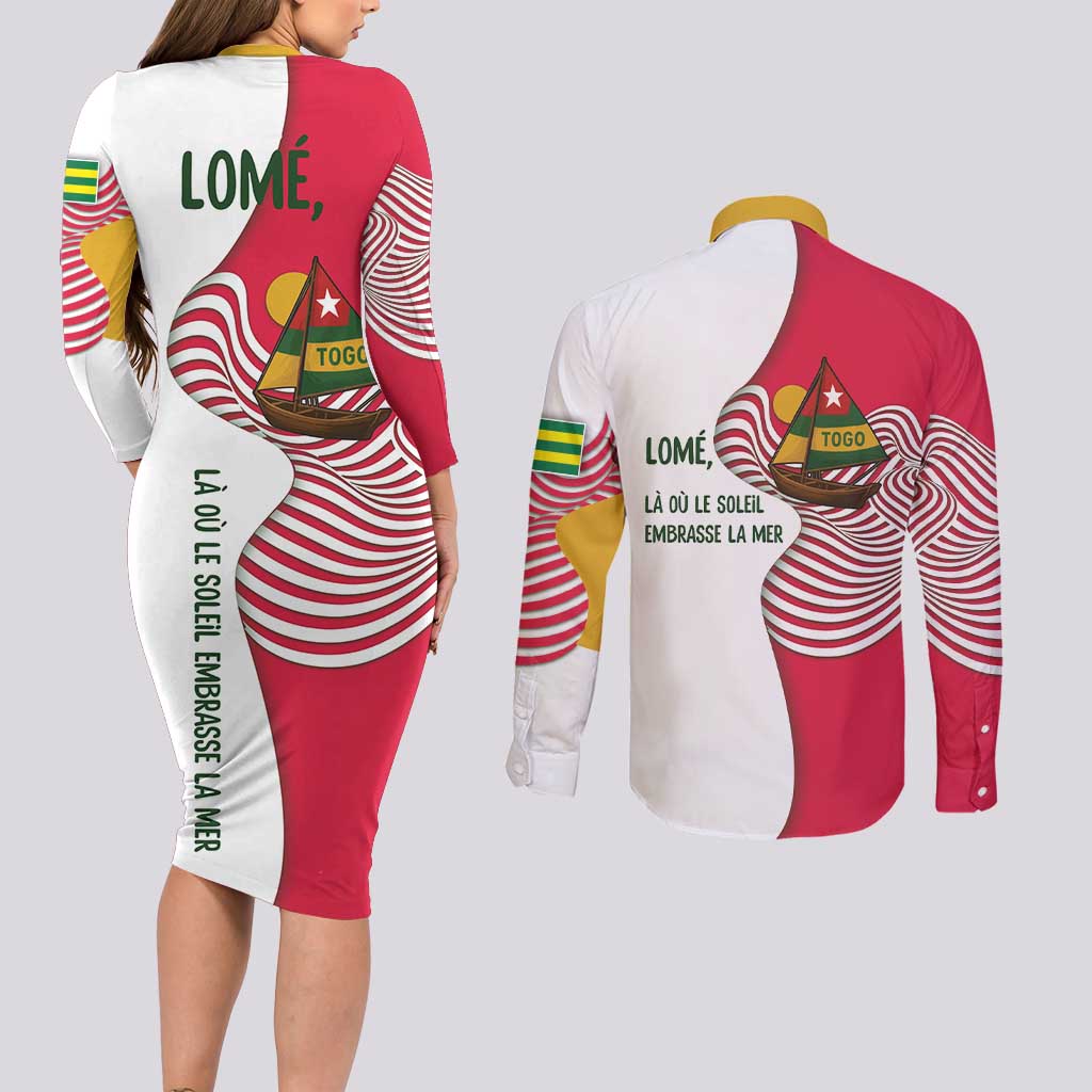 Lome Togo Couples Matching Long Sleeve Bodycon Dress and Long Sleeve Button Shirt with Sailboat and Sunset – Where the Sun Kisses the Sea