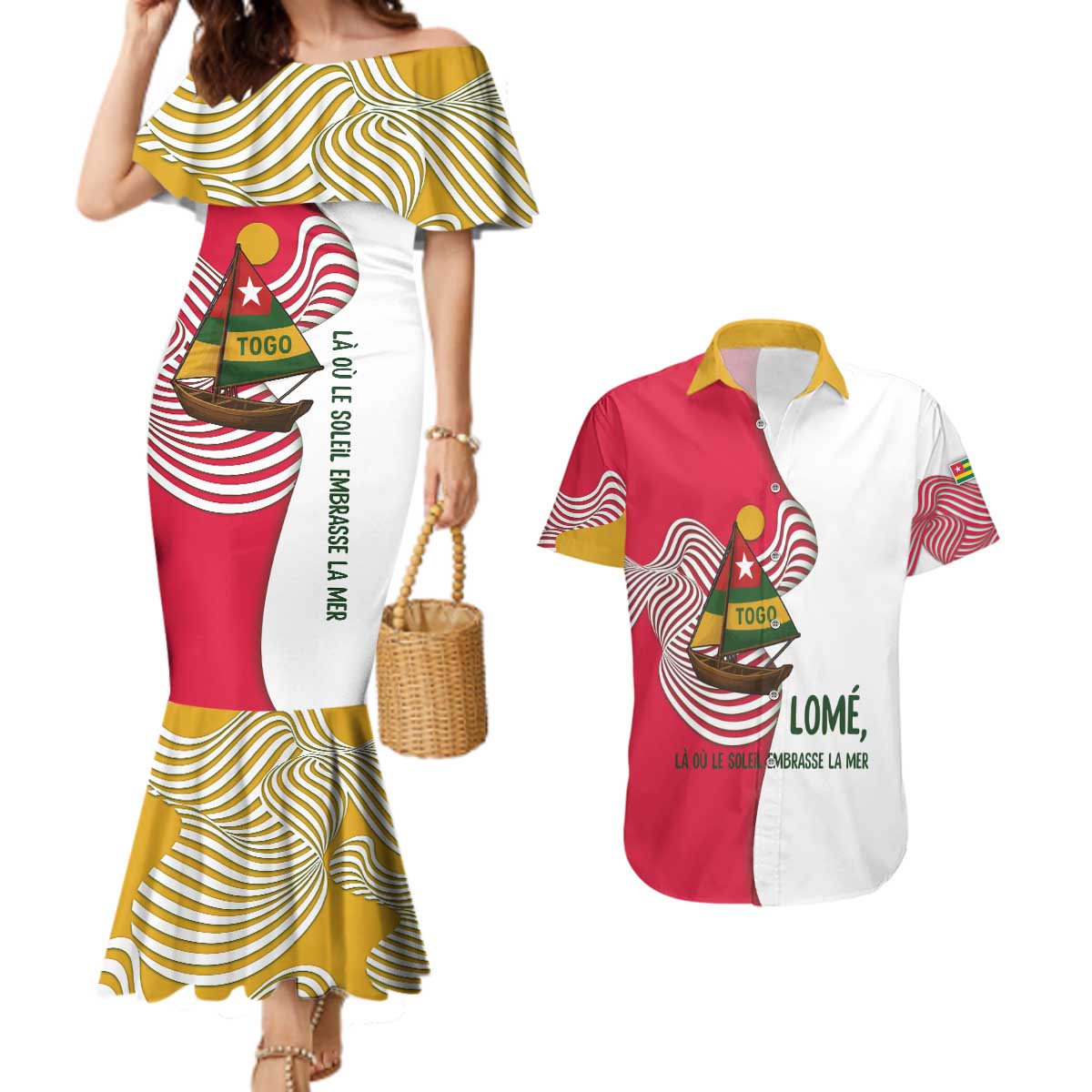 Lome Togo Couples Matching Mermaid Dress and Hawaiian Shirt with Sailboat and Sunset – Where the Sun Kisses the Sea