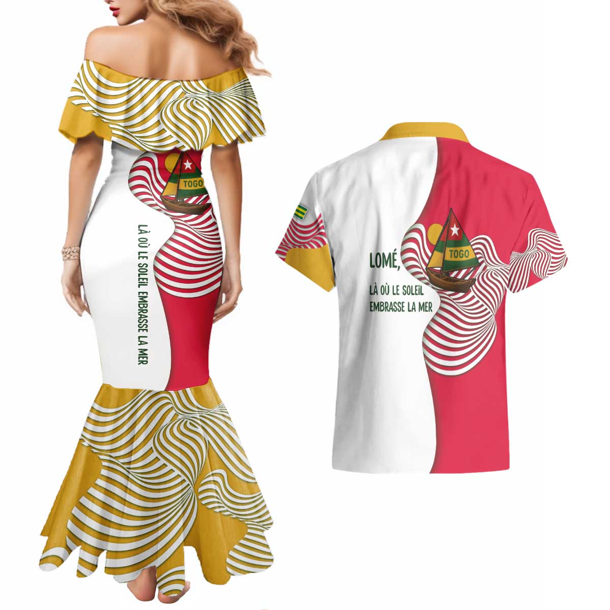 Lome Togo Couples Matching Mermaid Dress and Hawaiian Shirt with Sailboat and Sunset – Where the Sun Kisses the Sea