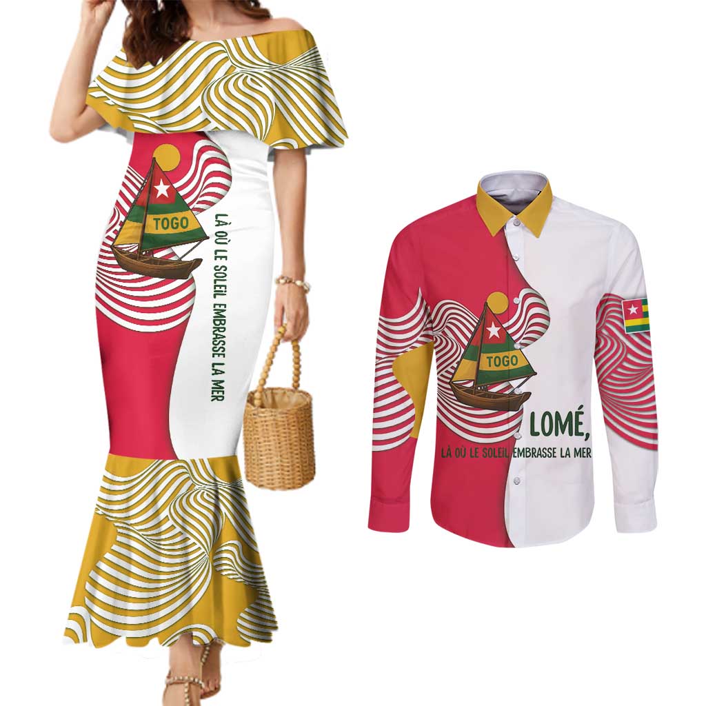 Lome Togo Couples Matching Mermaid Dress and Long Sleeve Button Shirt with Sailboat and Sunset – Where the Sun Kisses the Sea