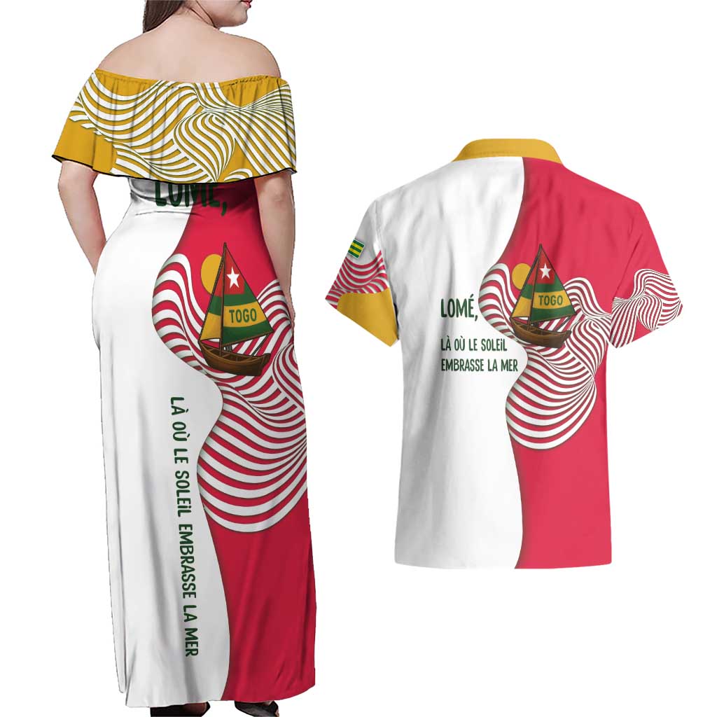 Lome Togo Couples Matching Off Shoulder Maxi Dress and Hawaiian Shirt with Sailboat and Sunset – Where the Sun Kisses the Sea