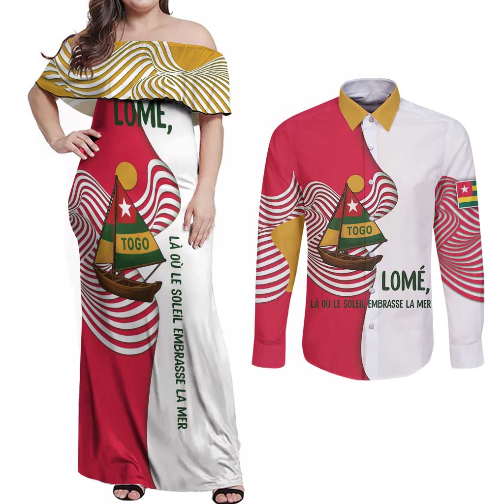 Lome Togo Couples Matching Off Shoulder Maxi Dress and Long Sleeve Button Shirt with Sailboat and Sunset – Where the Sun Kisses the Sea