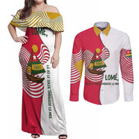 Lome Togo Couples Matching Off Shoulder Maxi Dress and Long Sleeve Button Shirt with Sailboat and Sunset – Where the Sun Kisses the Sea