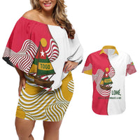 Lome Togo Couples Matching Off Shoulder Short Dress and Hawaiian Shirt with Sailboat and Sunset – Where the Sun Kisses the Sea