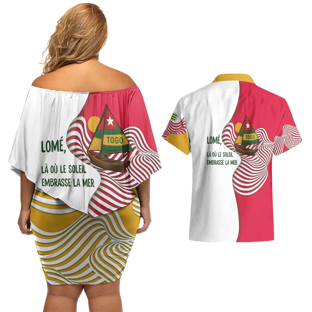 Lome Togo Couples Matching Off Shoulder Short Dress and Hawaiian Shirt with Sailboat and Sunset – Where the Sun Kisses the Sea