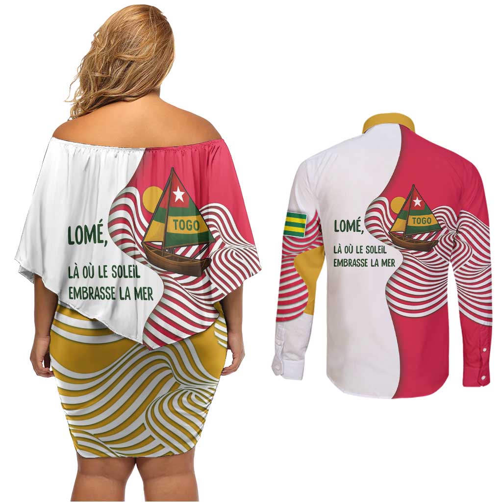 Lome Togo Couples Matching Off Shoulder Short Dress and Long Sleeve Button Shirt with Sailboat and Sunset – Where the Sun Kisses the Sea