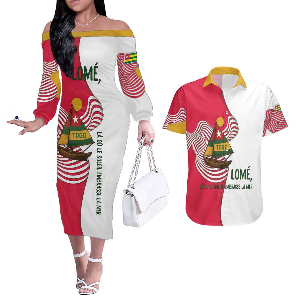 Lome Togo Couples Matching Off The Shoulder Long Sleeve Dress and Hawaiian Shirt with Sailboat and Sunset – Where the Sun Kisses the Sea