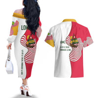 Lome Togo Couples Matching Off The Shoulder Long Sleeve Dress and Hawaiian Shirt with Sailboat and Sunset – Where the Sun Kisses the Sea