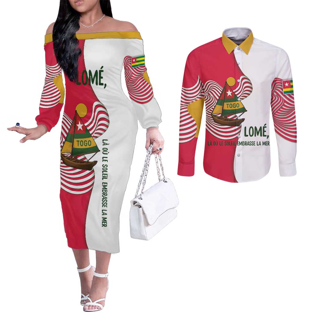 Lome Togo Couples Matching Off The Shoulder Long Sleeve Dress and Long Sleeve Button Shirt with Sailboat and Sunset – Where the Sun Kisses the Sea
