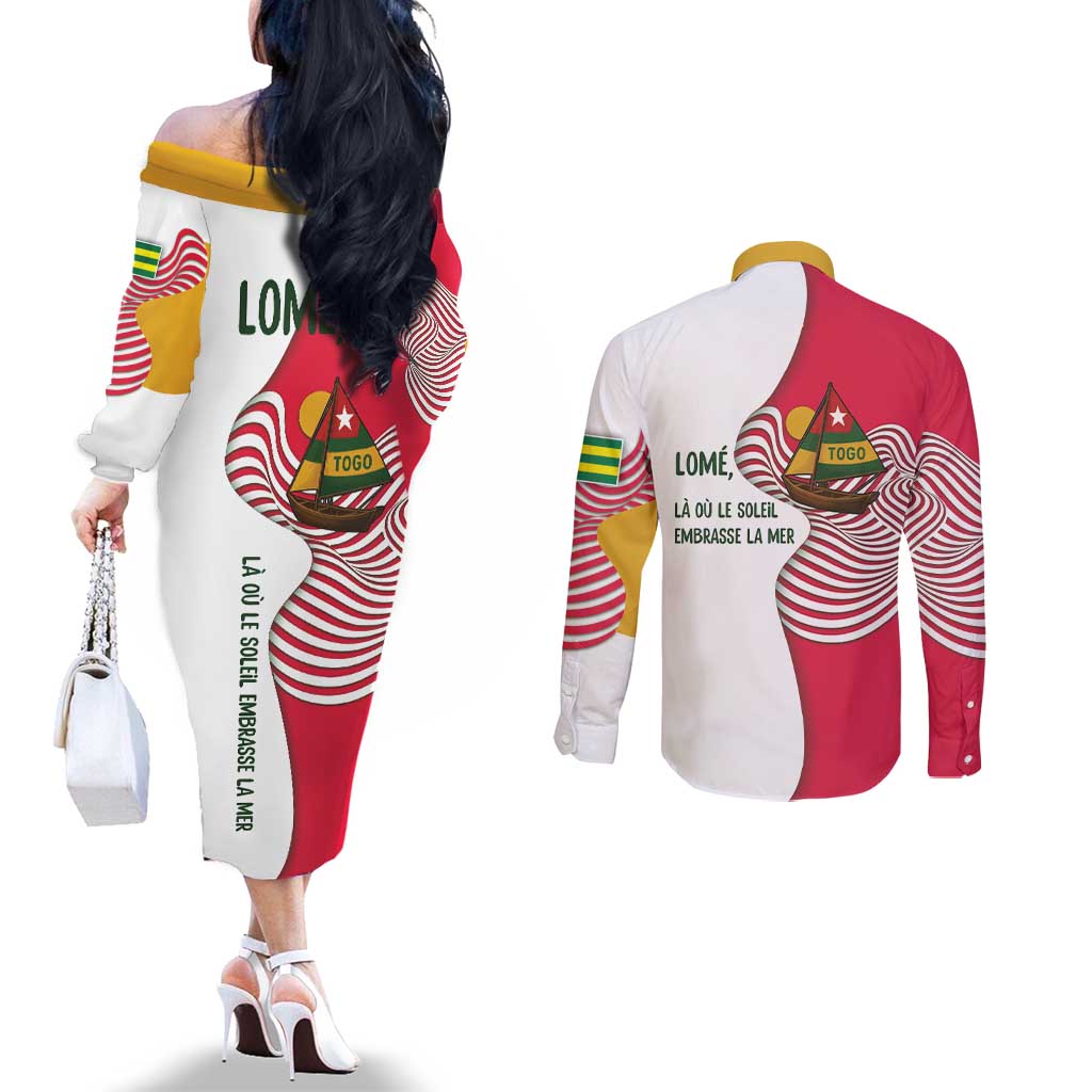 Lome Togo Couples Matching Off The Shoulder Long Sleeve Dress and Long Sleeve Button Shirt with Sailboat and Sunset – Where the Sun Kisses the Sea
