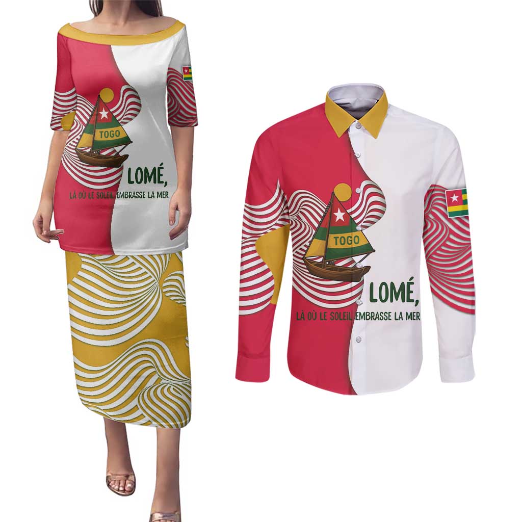 Lome Togo Couples Matching Puletasi and Long Sleeve Button Shirt with Sailboat and Sunset – Where the Sun Kisses the Sea