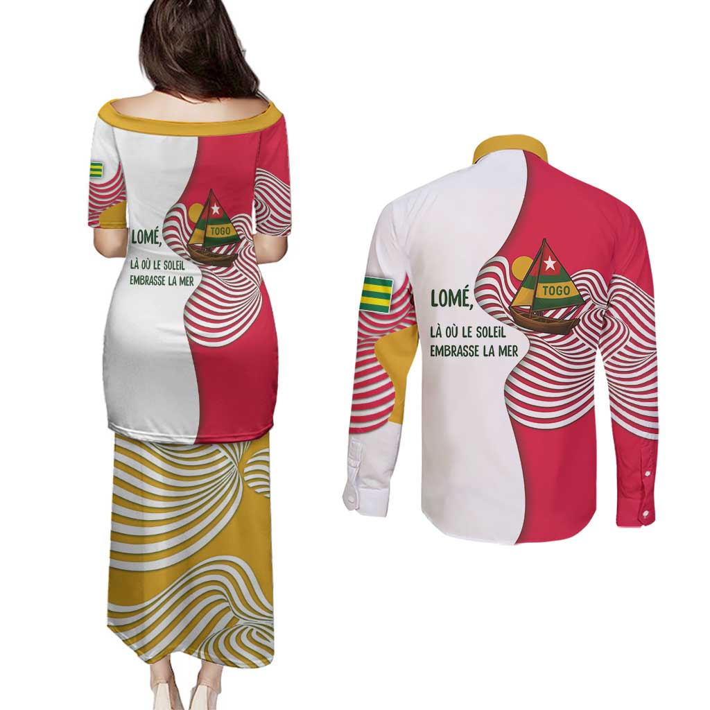 Lome Togo Couples Matching Puletasi and Long Sleeve Button Shirt with Sailboat and Sunset – Where the Sun Kisses the Sea