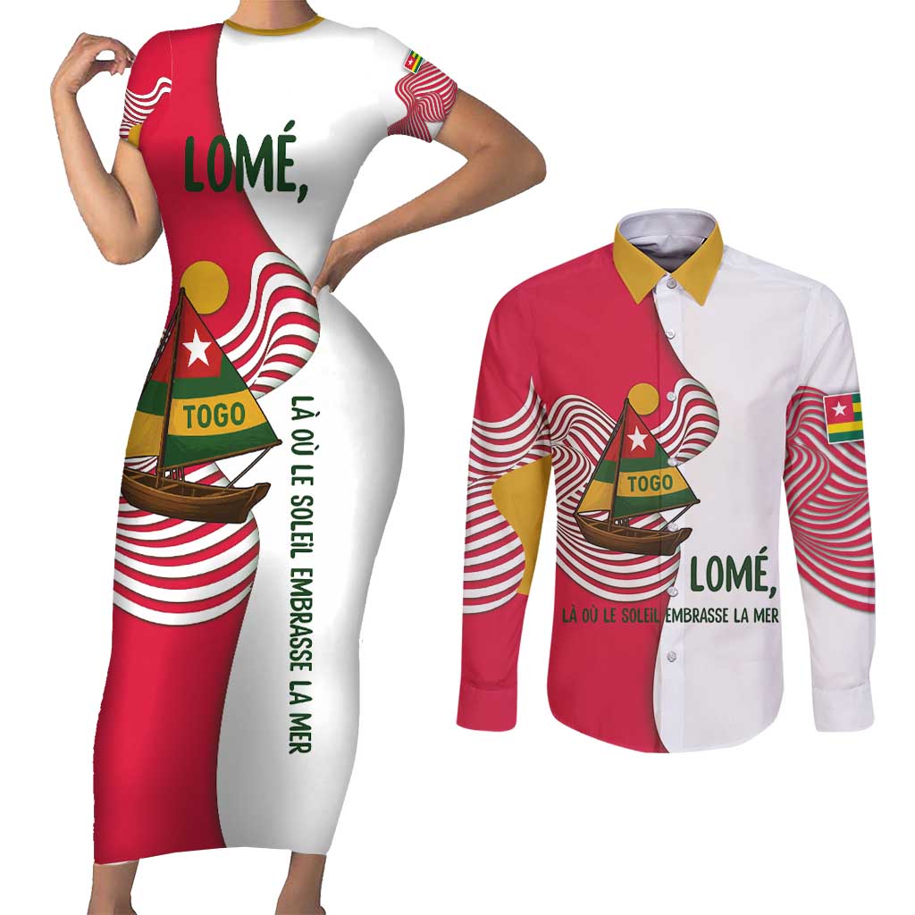 Lome Togo Couples Matching Short Sleeve Bodycon Dress and Long Sleeve Button Shirt with Sailboat and Sunset – Where the Sun Kisses the Sea