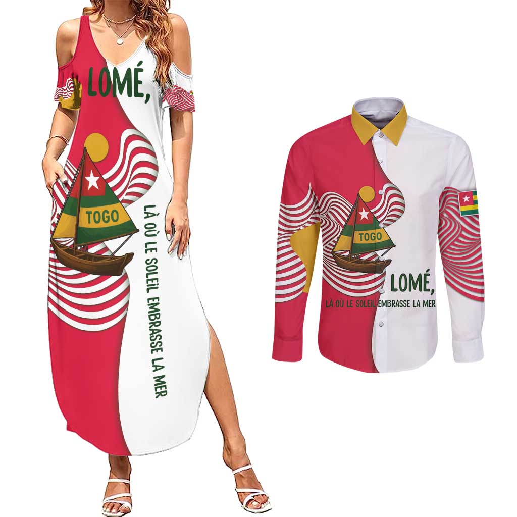 Lome Togo Couples Matching Summer Maxi Dress and Long Sleeve Button Shirt with Sailboat and Sunset – Where the Sun Kisses the Sea