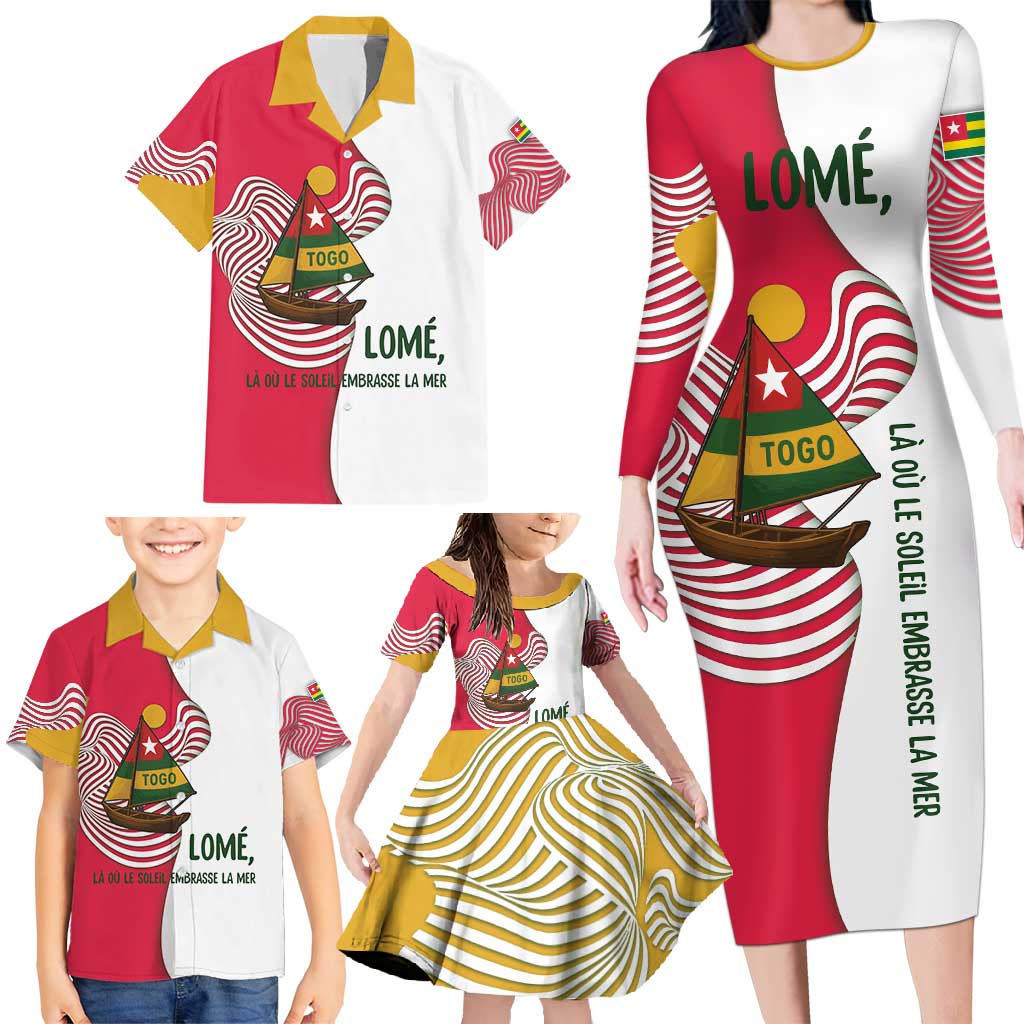 Lome Togo Family Matching Long Sleeve Bodycon Dress and Hawaiian Shirt with Sailboat and Sunset – Where the Sun Kisses the Sea
