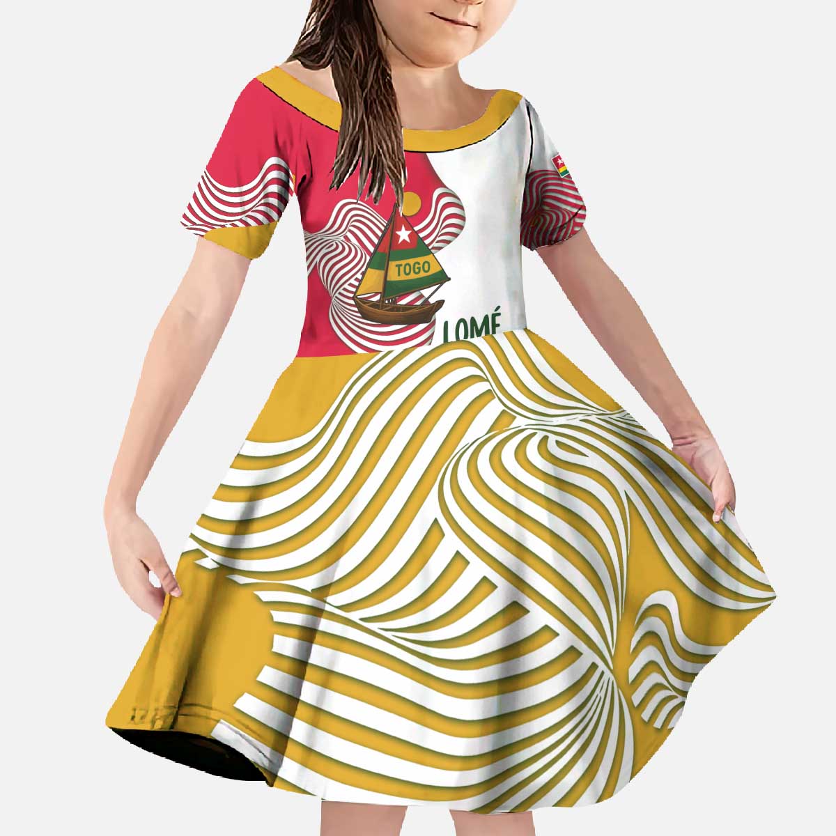 Lome Togo Family Matching Off The Shoulder Long Sleeve Dress and Hawaiian Shirt with Sailboat and Sunset – Where the Sun Kisses the Sea