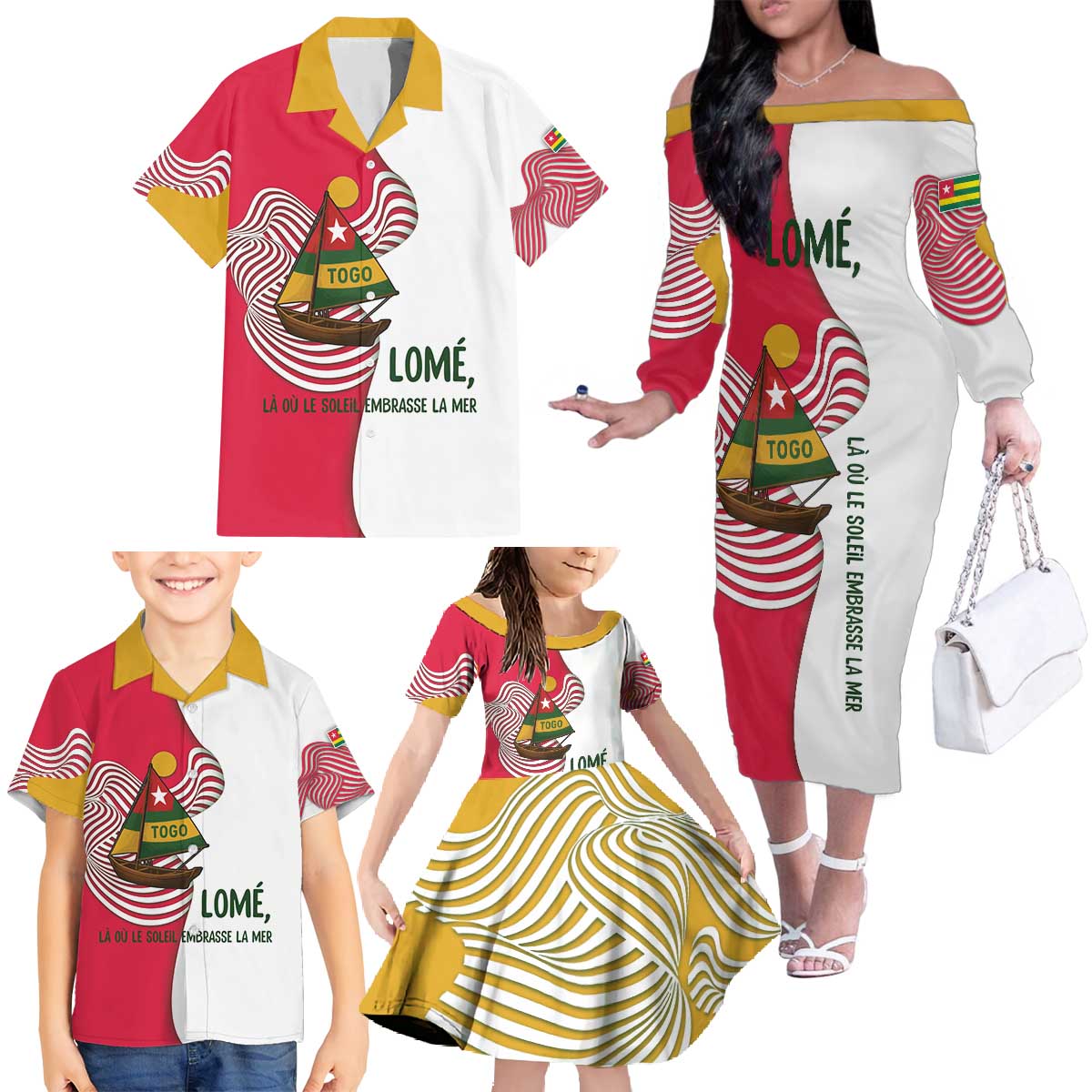 Lome Togo Family Matching Off The Shoulder Long Sleeve Dress and Hawaiian Shirt with Sailboat and Sunset – Where the Sun Kisses the Sea