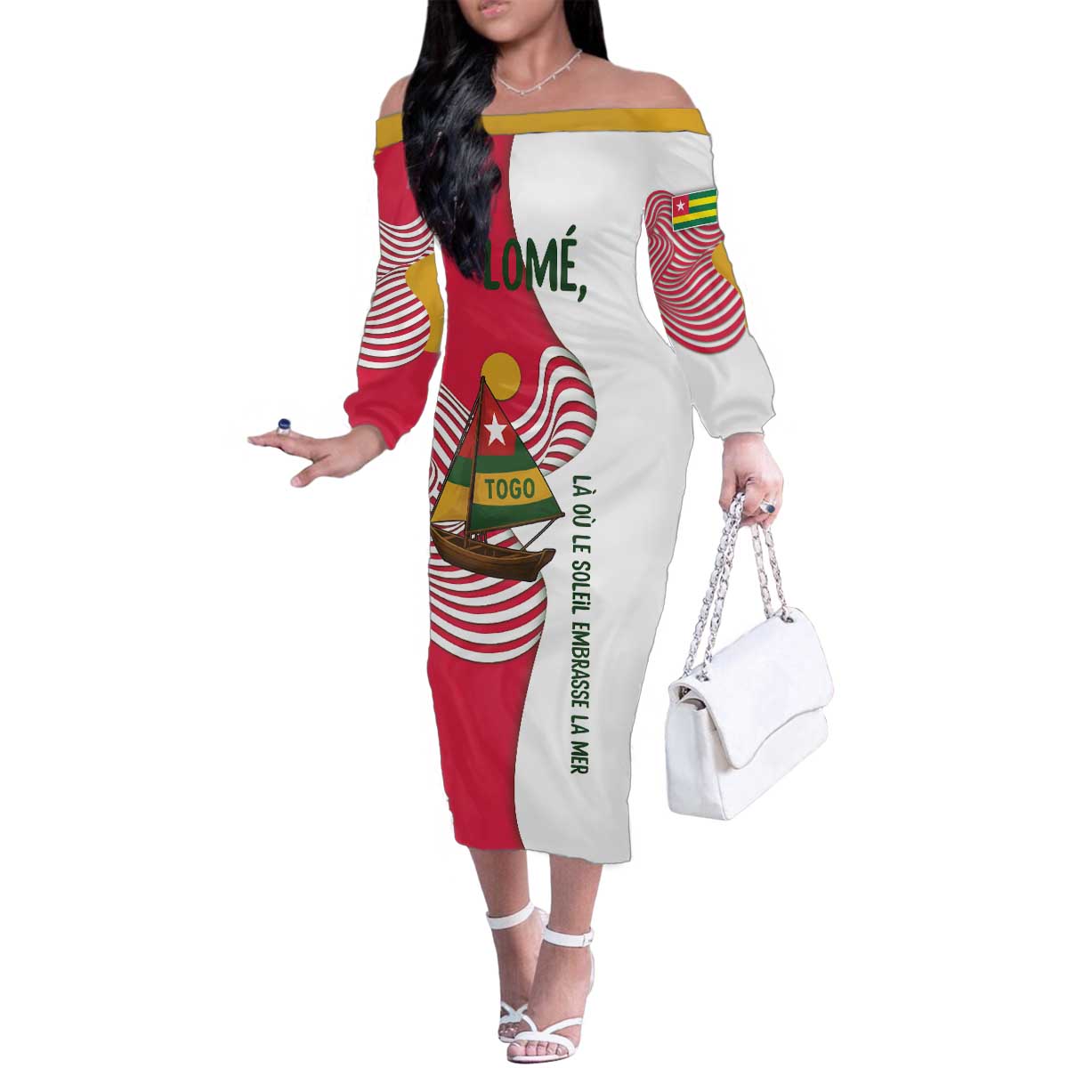 Lome Togo Family Matching Off The Shoulder Long Sleeve Dress and Hawaiian Shirt with Sailboat and Sunset – Where the Sun Kisses the Sea