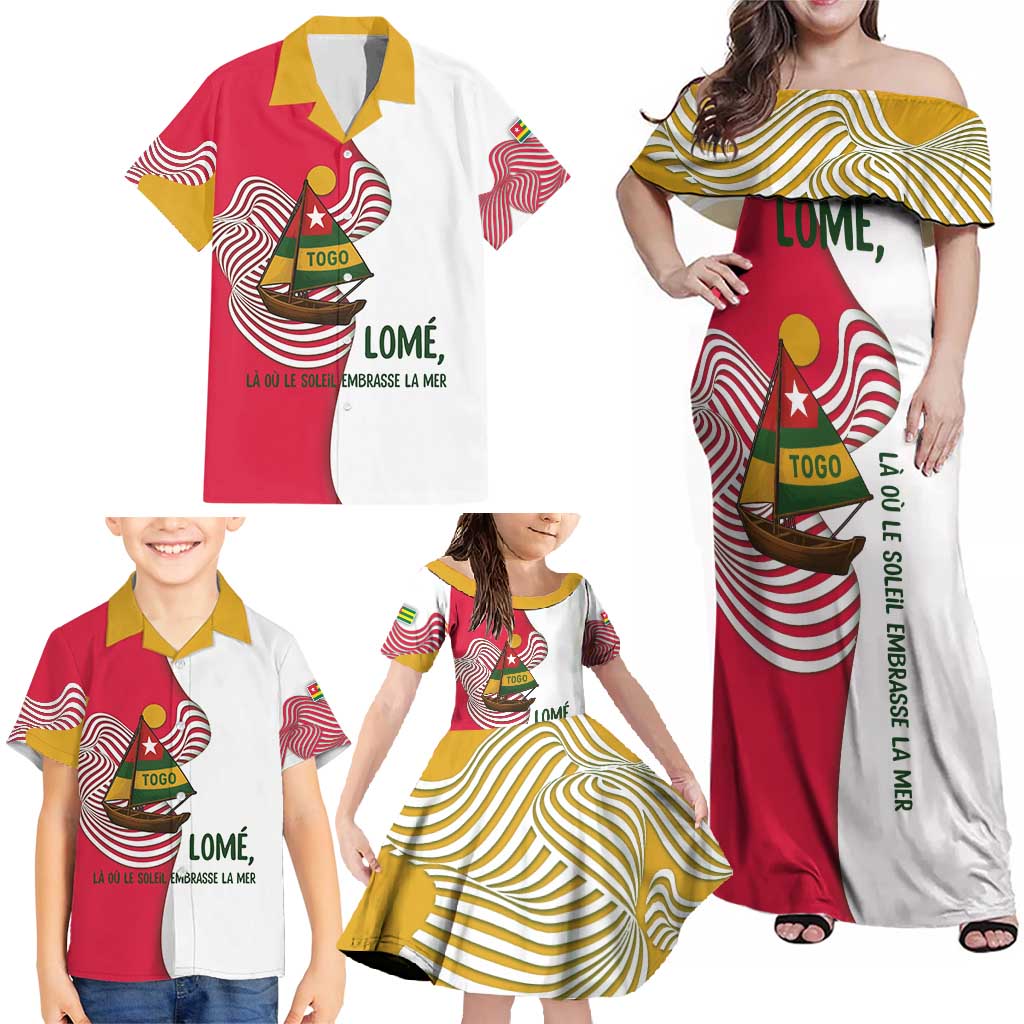 Lome Togo Family Matching Off Shoulder Maxi Dress and Hawaiian Shirt with Sailboat and Sunset – Where the Sun Kisses the Sea
