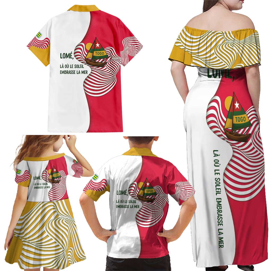 Lome Togo Family Matching Off Shoulder Maxi Dress and Hawaiian Shirt with Sailboat and Sunset – Where the Sun Kisses the Sea