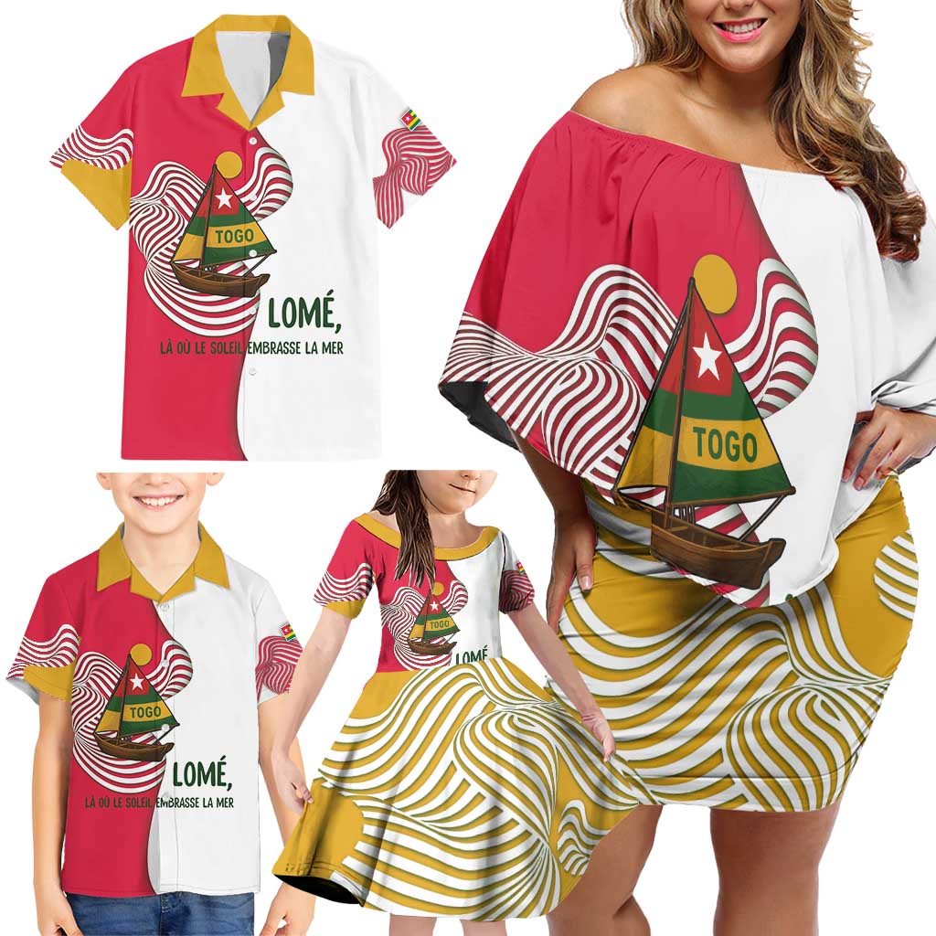 Lome Togo Family Matching Off Shoulder Short Dress and Hawaiian Shirt with Sailboat and Sunset – Where the Sun Kisses the Sea
