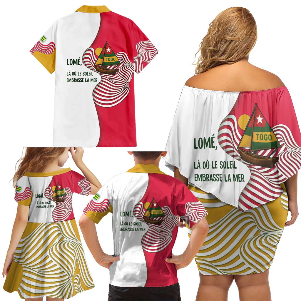 Lome Togo Family Matching Off Shoulder Short Dress and Hawaiian Shirt with Sailboat and Sunset – Where the Sun Kisses the Sea