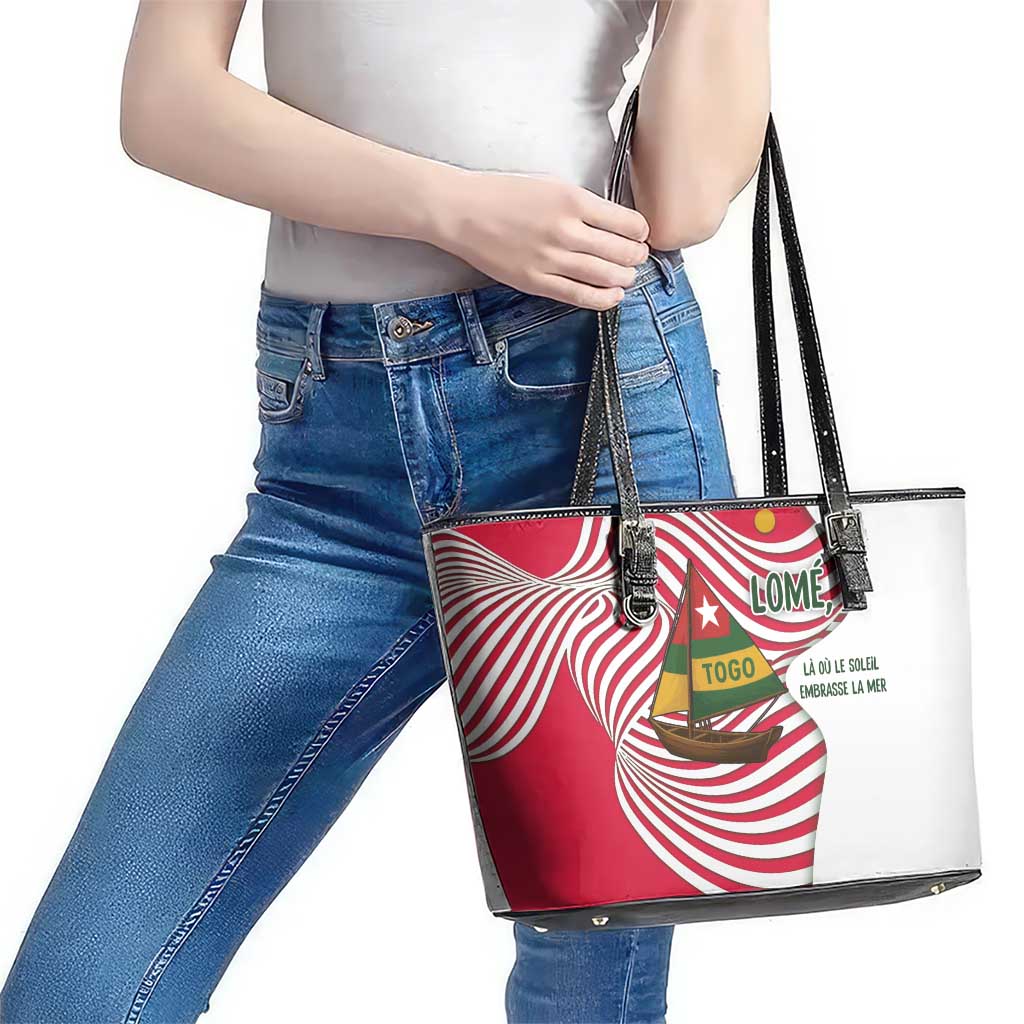 Lome Togo Leather Tote Bag with Sailboat and Sunset – Where the Sun Kisses the Sea