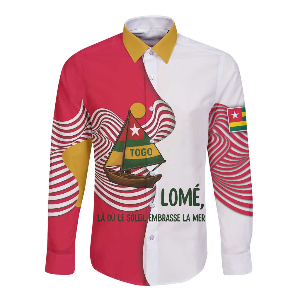 Lome Togo Long Sleeve Button Shirt with Sailboat and Sunset – Where the Sun Kisses the Sea