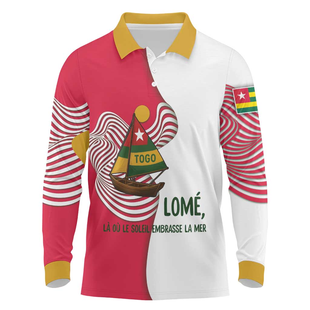 Lome Togo Long Sleeve Polo Shirt with Sailboat and Sunset – Where the Sun Kisses the Sea