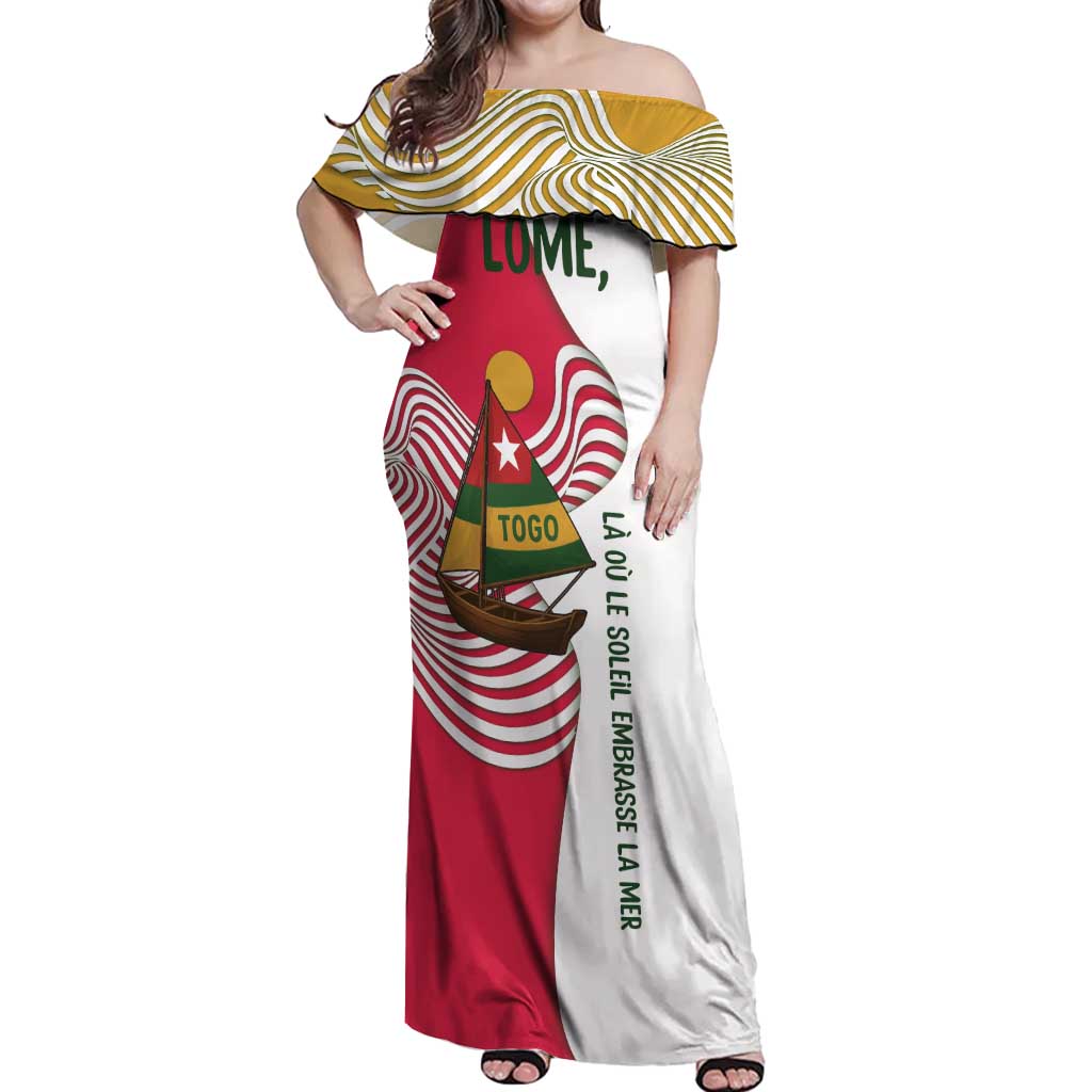 Lome Togo Off Shoulder Maxi Dress with Sailboat and Sunset – Where the Sun Kisses the Sea