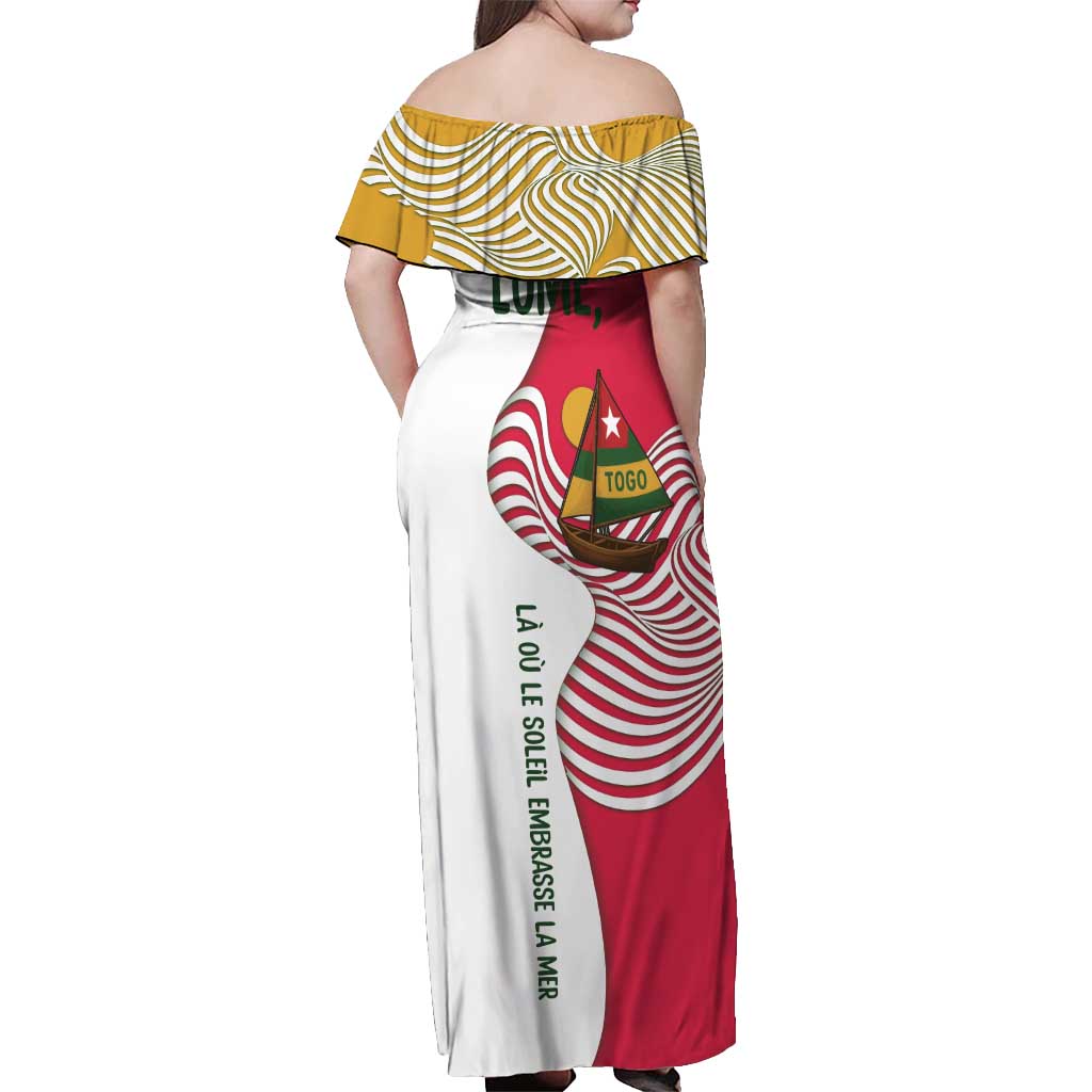 Lome Togo Off Shoulder Maxi Dress with Sailboat and Sunset – Where the Sun Kisses the Sea