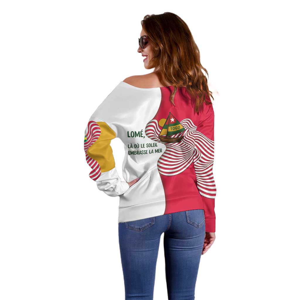 Lome Togo Off Shoulder Sweater with Sailboat and Sunset – Where the Sun Kisses the Sea