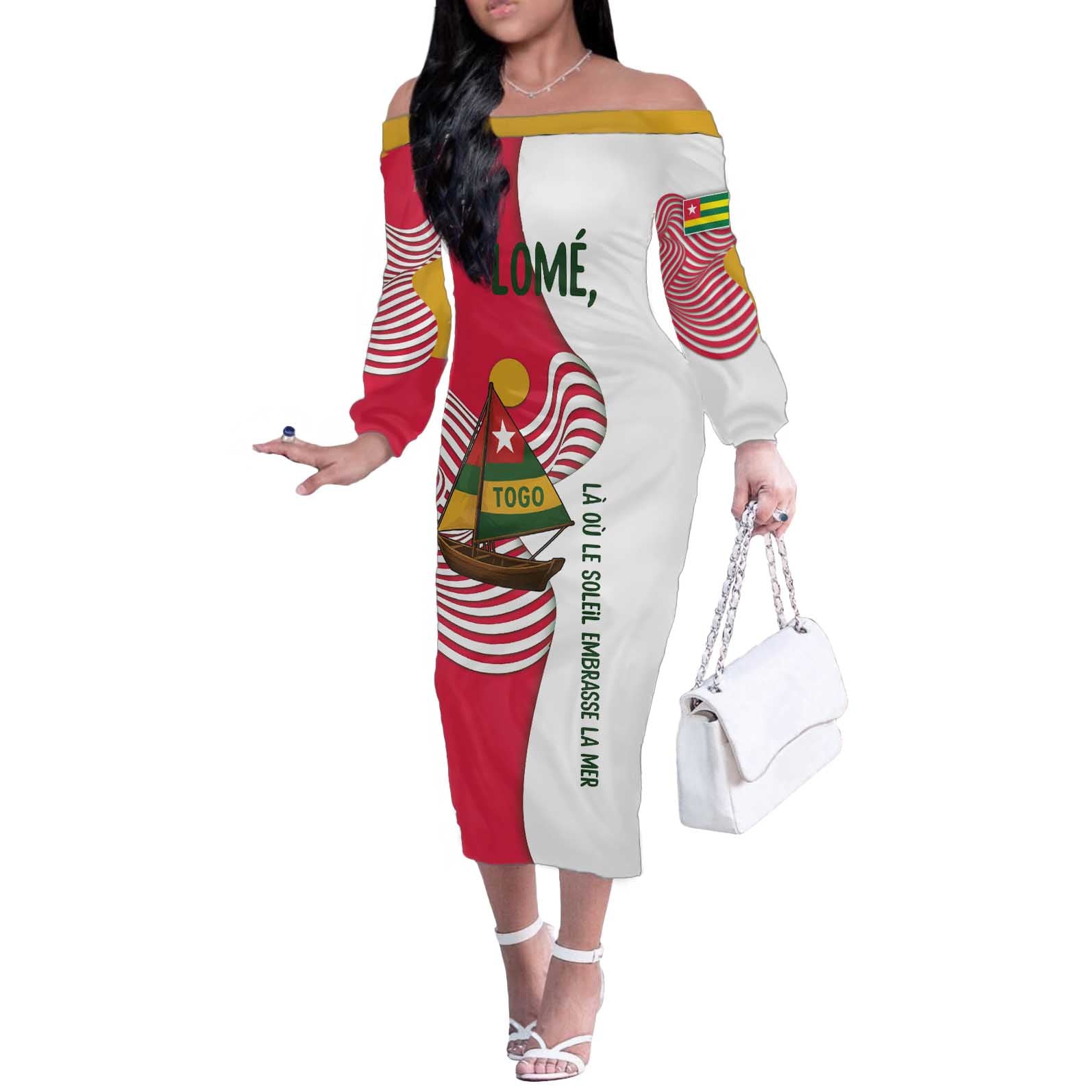 Lome Togo Off The Shoulder Long Sleeve Dress with Sailboat and Sunset – Where the Sun Kisses the Sea