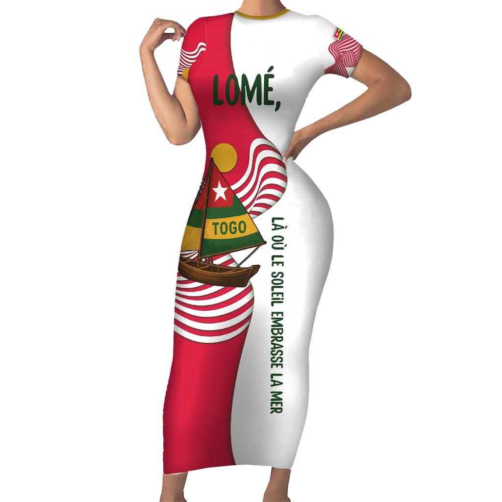 Lome Togo Short Sleeve Bodycon Dress with Sailboat and Sunset – Where the Sun Kisses the Sea