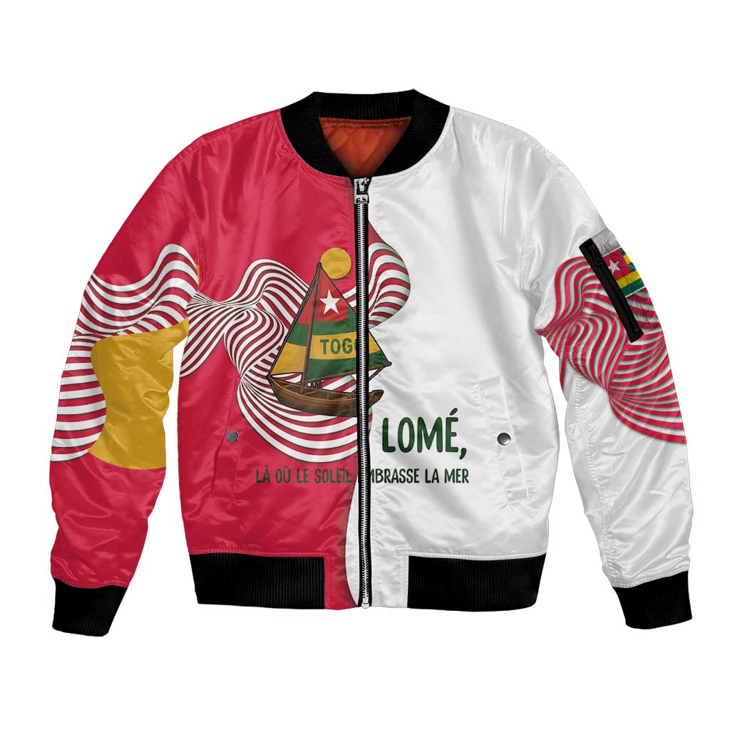 Lome Togo Sleeve Zip Bomber Jacket with Sailboat and Sunset – Where the Sun Kisses the Sea