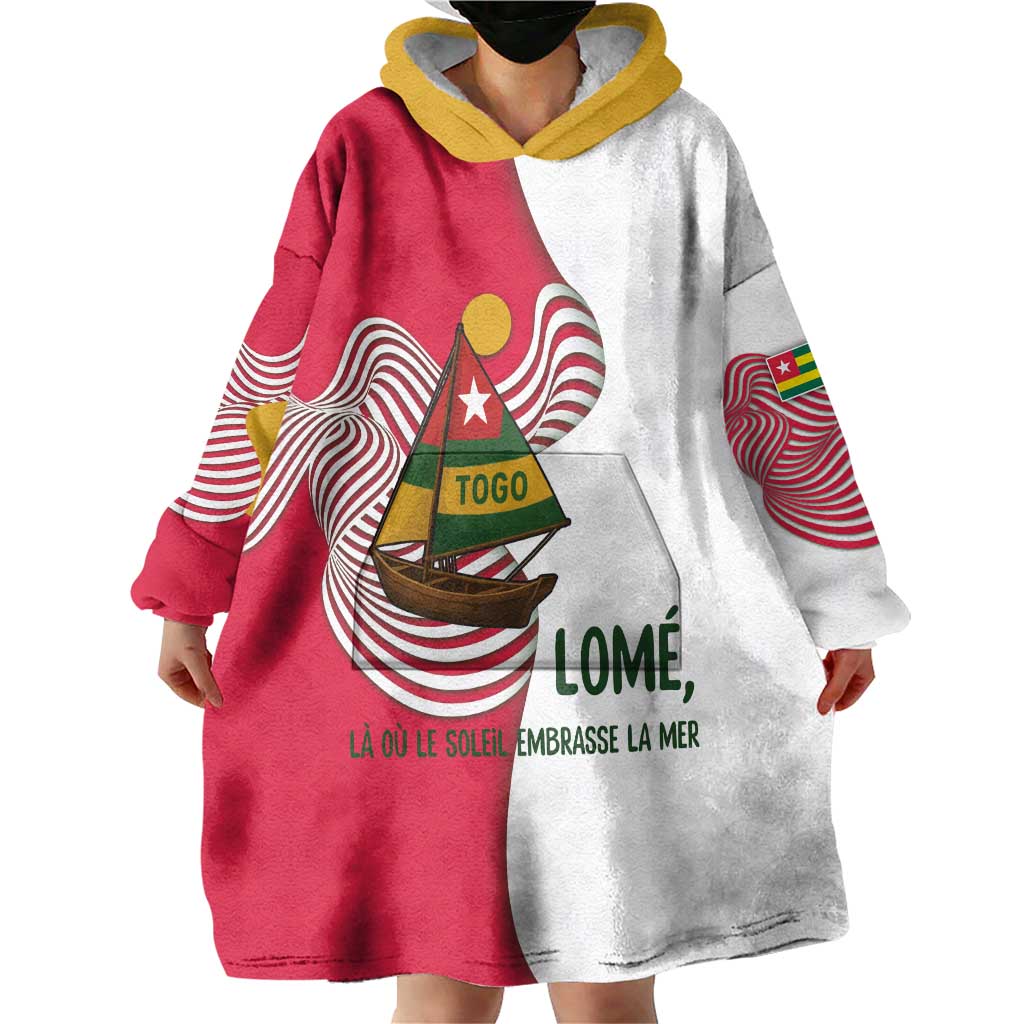 Lome Togo Wearable Blanket Hoodie with Sailboat and Sunset – Where the Sun Kisses the Sea