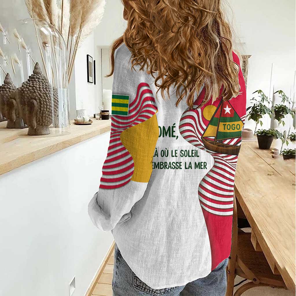 Lome Togo Women Casual Shirt with Sailboat and Sunset – Where the Sun Kisses the Sea