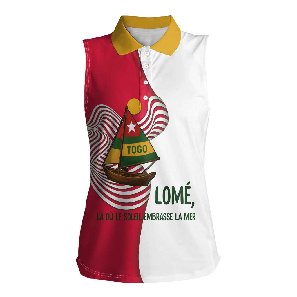 Lome Togo Women Sleeveless Polo Shirt with Sailboat and Sunset – Where the Sun Kisses the Sea