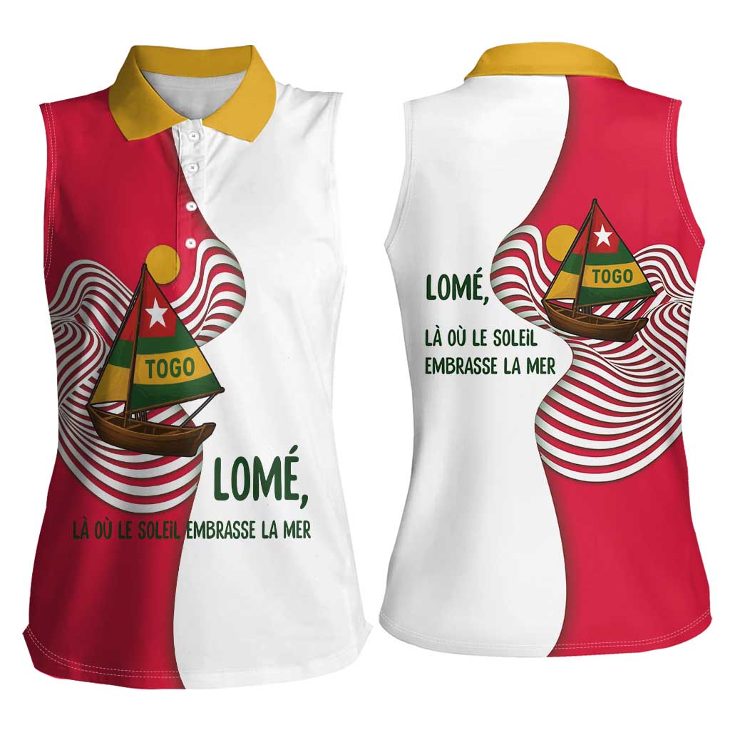 Lome Togo Women Sleeveless Polo Shirt with Sailboat and Sunset – Where the Sun Kisses the Sea
