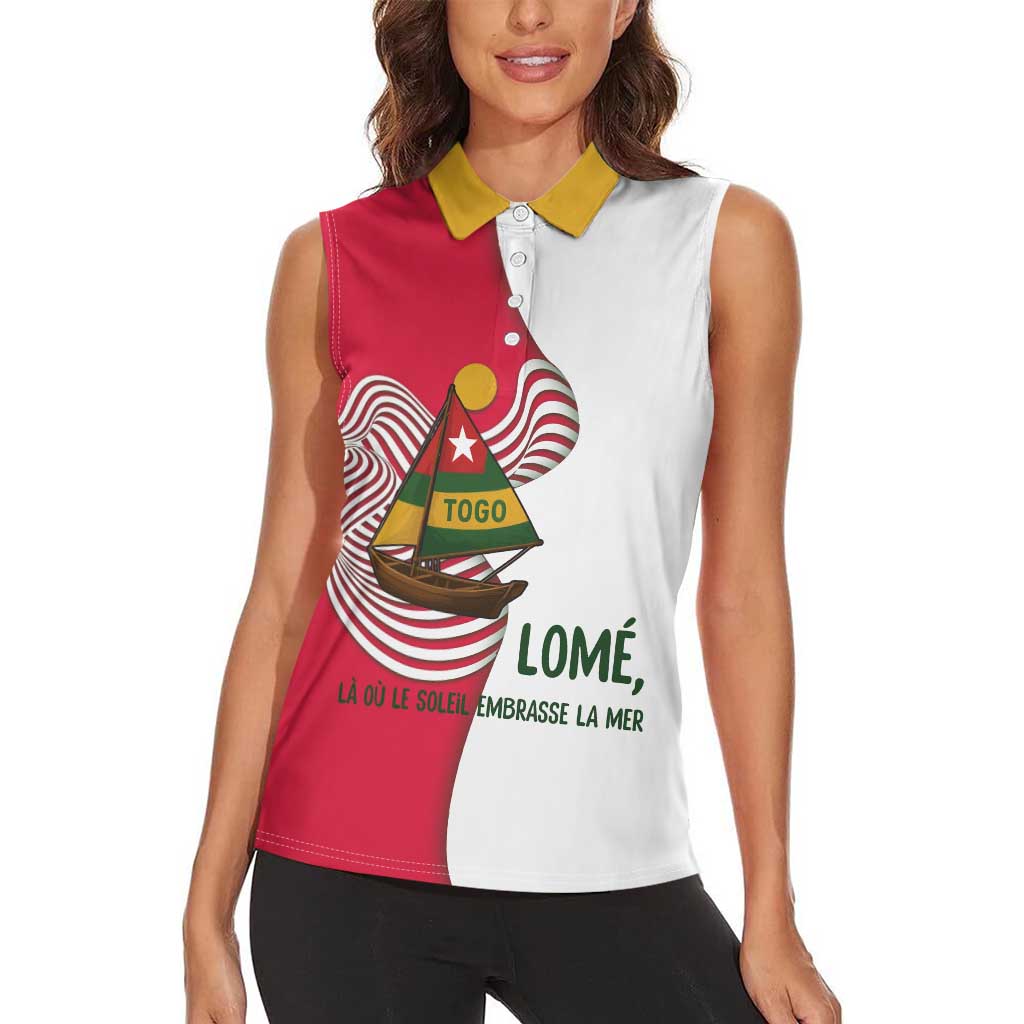 Lome Togo Women Sleeveless Polo Shirt with Sailboat and Sunset – Where the Sun Kisses the Sea