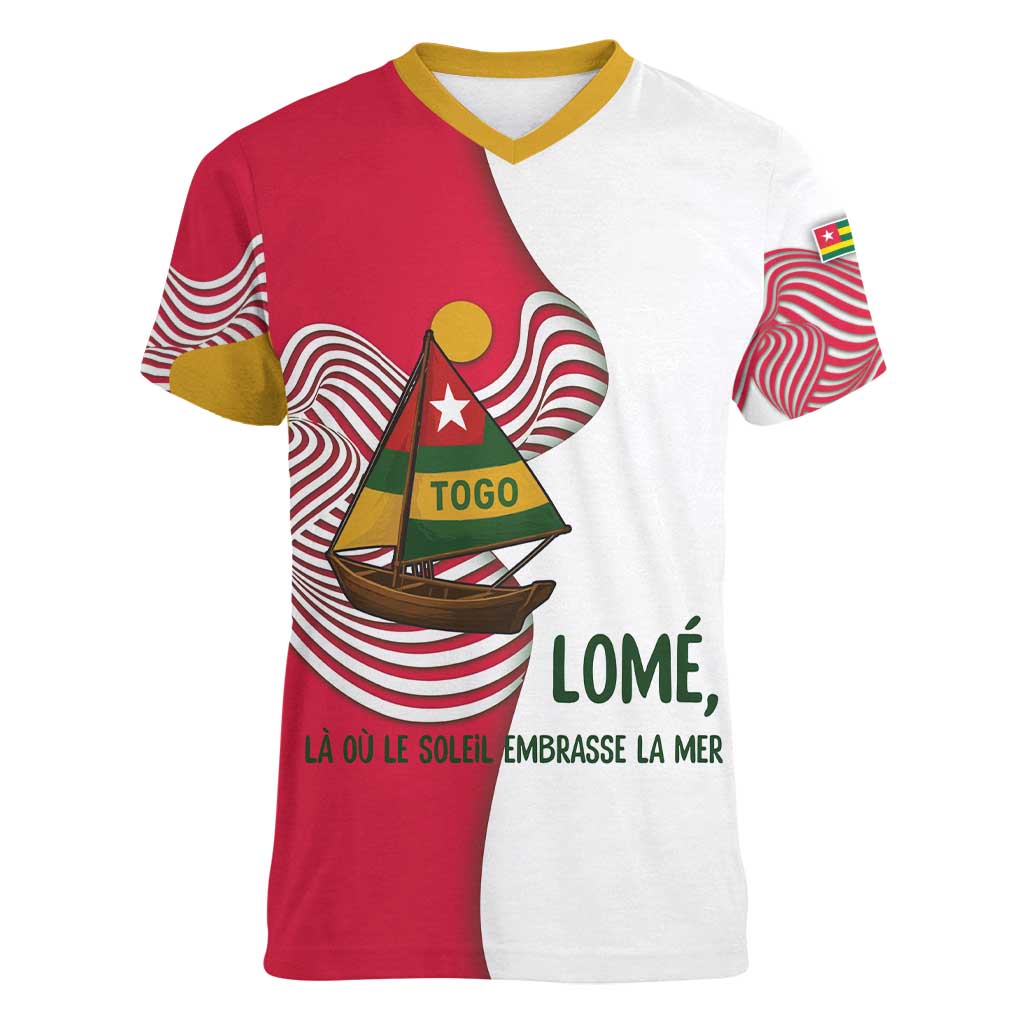 Lome Togo Women V-Neck T-Shirt with Sailboat and Sunset – Where the Sun Kisses the Sea
