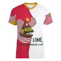 Lome Togo Women V-Neck T-Shirt with Sailboat and Sunset – Where the Sun Kisses the Sea