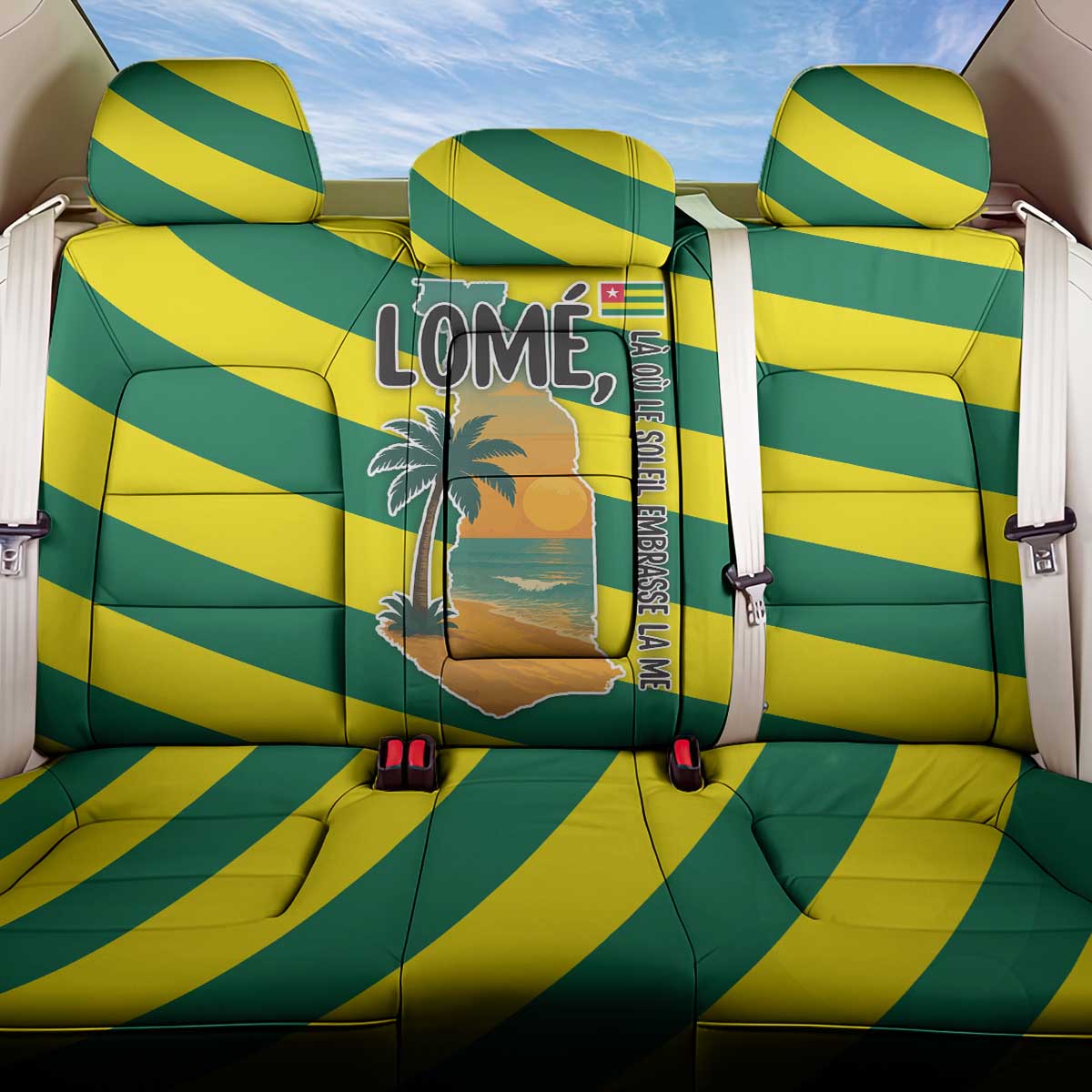 Lome Togo Sunset Back Car Seat Cover with Palm Trees and Ocean Embrace Design