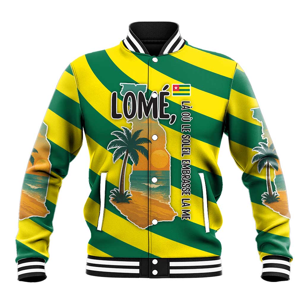 Lome Togo Sunset Baseball Jacket with Palm Trees and Ocean Embrace Design