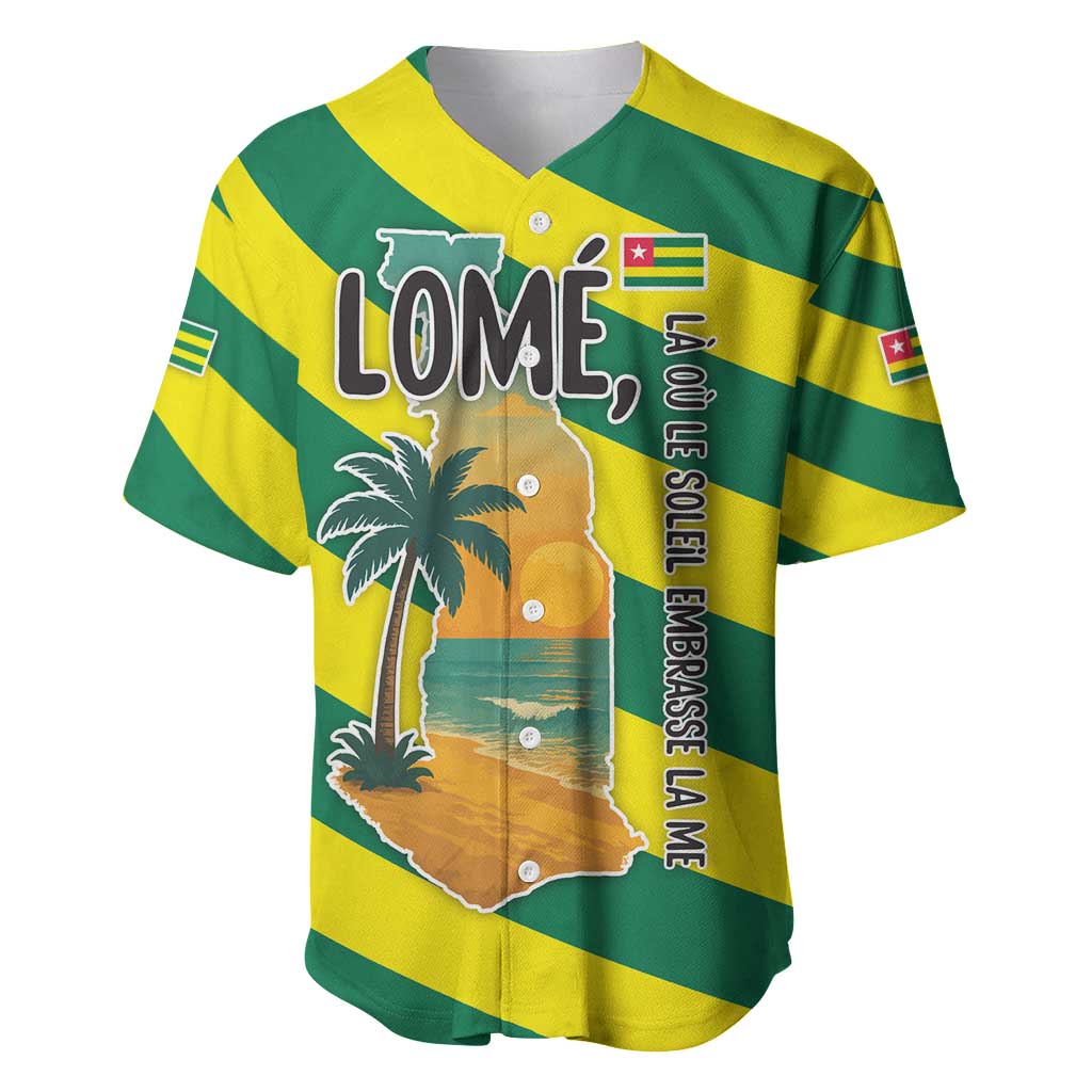 Lome Togo Sunset Baseball Jersey with Palm Trees and Ocean Embrace Design