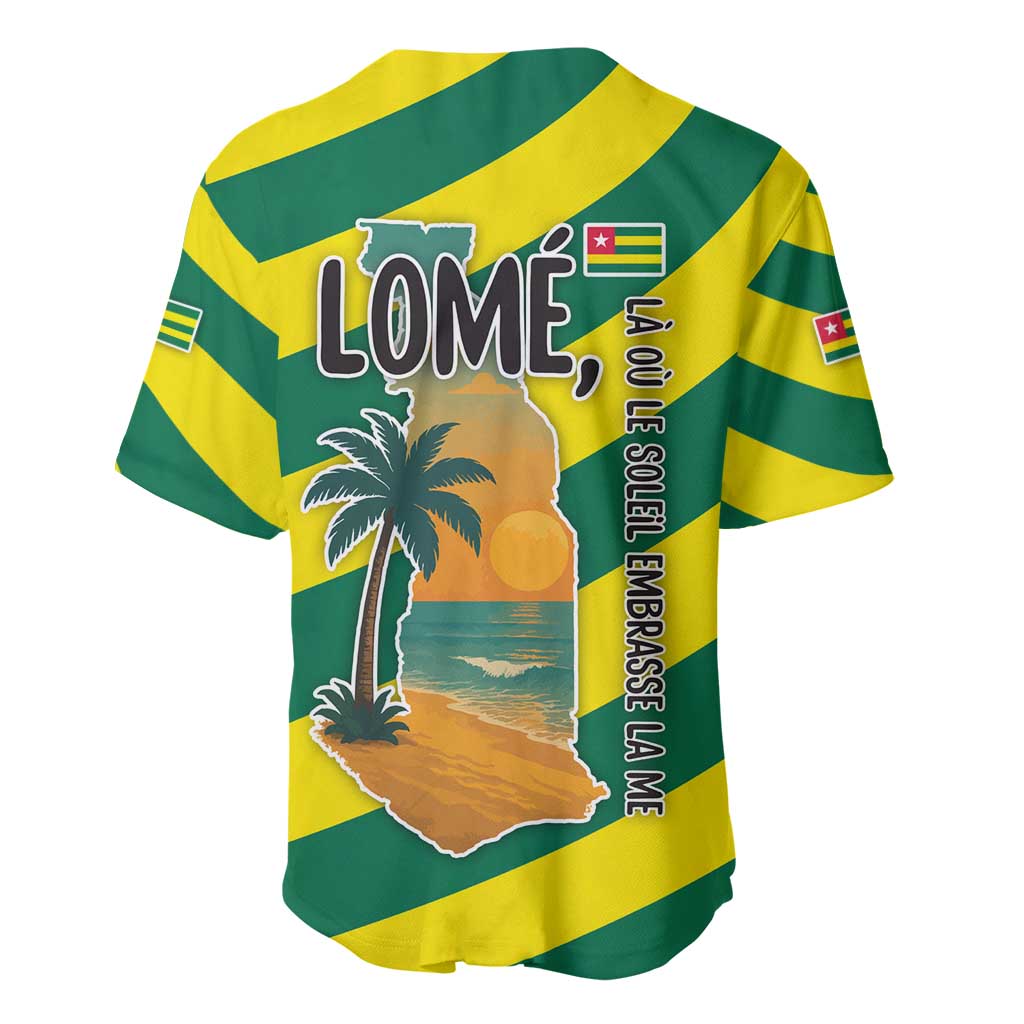Lome Togo Sunset Baseball Jersey with Palm Trees and Ocean Embrace Design