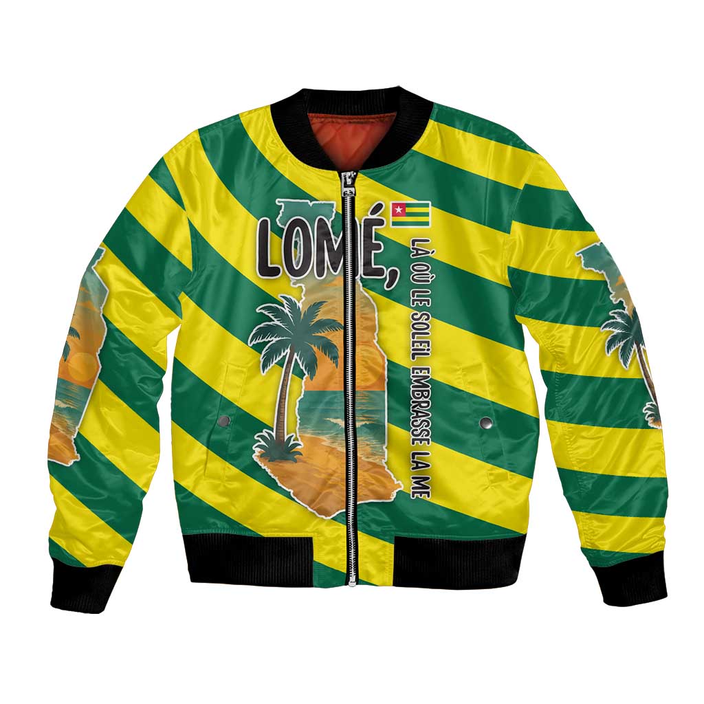 Lome Togo Sunset Bomber Jacket with Palm Trees and Ocean Embrace Design